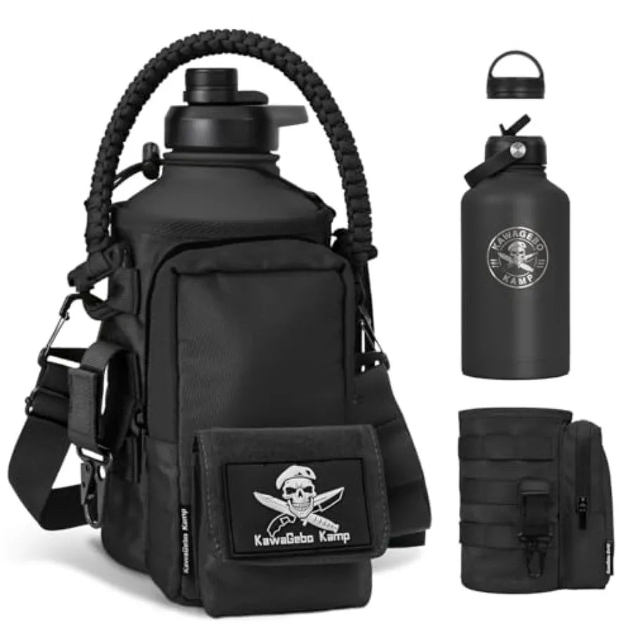 Half Gallon Water Bottle with Straw - 64 oz Stainless Steel Insulated Water Jug Sport Bottle with 3 BPA Free Lids Paracord Hand