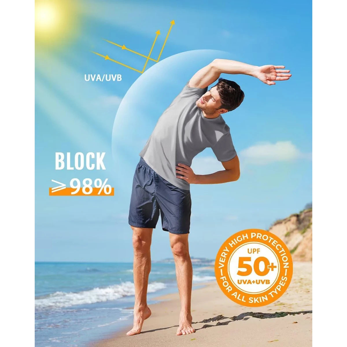 UPF 50+ UV Shirt Men's Round Neck Short Sleeve Basic Summer Casual T-shirt Gym Fitness Running Swim Quick Dry Tee Tops