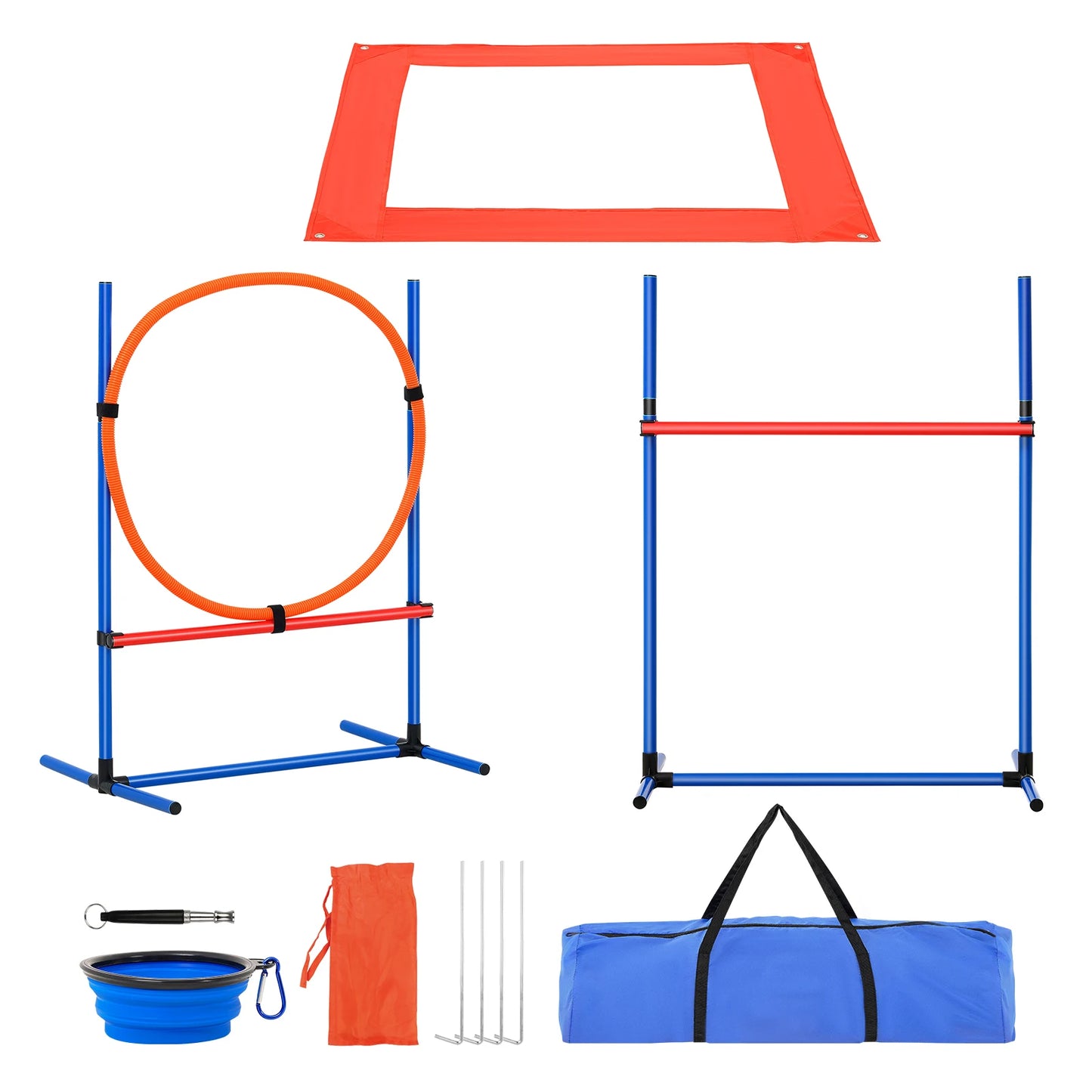 Dog Agility Training Equipment 4 PCS Set with Adjustable High Hurdles 6 Weave Poles Jump Ring Square Pause Box Whistle