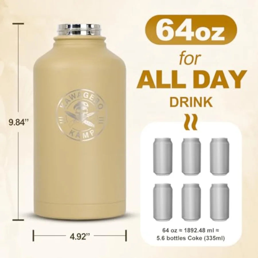 Half Gallon Water Bottle with Straw - 64 oz Stainless Steel Insulated Water Jug Sport Bottle with 3 BPA Free Lids Paracord Hand