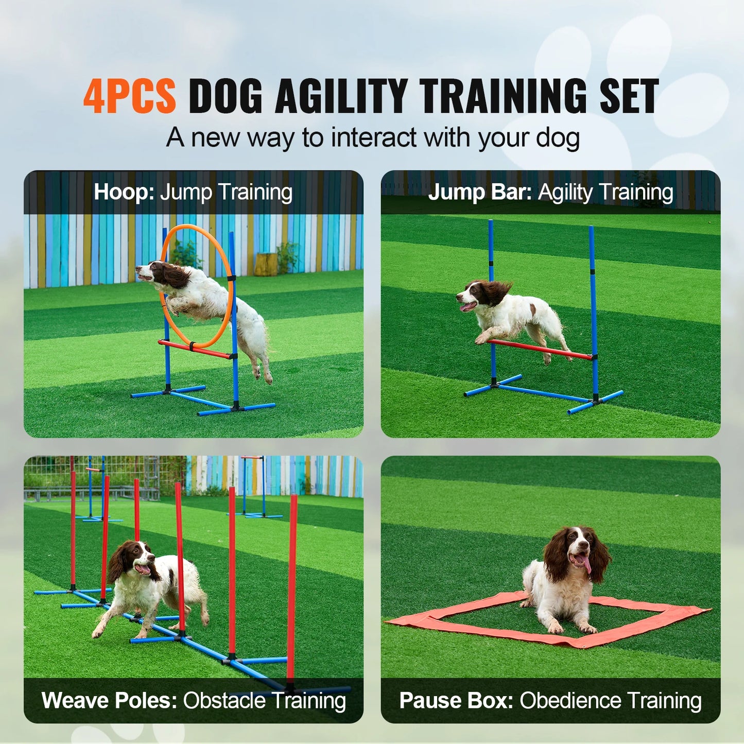 Dog Agility Training Equipment 4 PCS Set with Adjustable High Hurdles 6 Weave Poles Jump Ring Square Pause Box Whistle