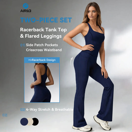 Airila 2Pcs Yoga Set Racerback Flared Nude Feel Seamless Sportswear Workout Outfit Tracksuit Running Quick Drying