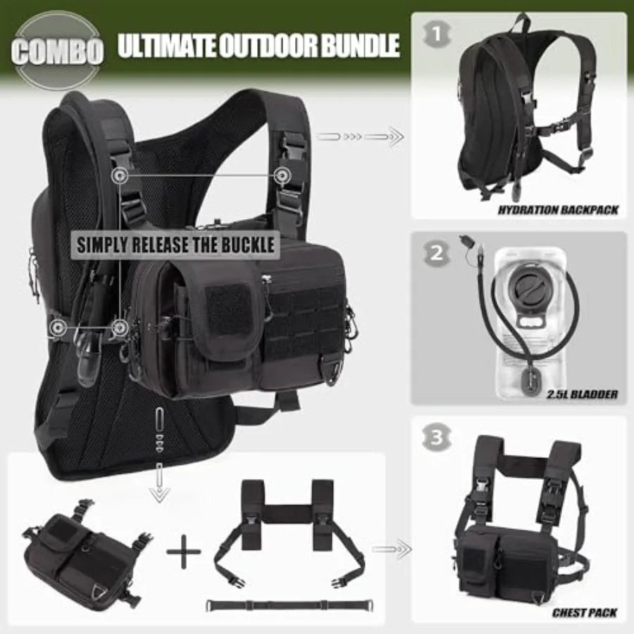 2-in-1 Hydration Backpack and Tactical Chest Pack with 2.5L Water Bladder Modular Molle Hydration Vest 500D Nylon Lightweight R
