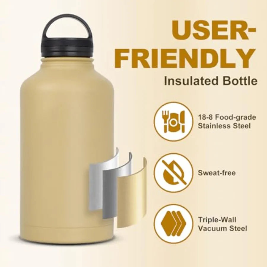 Half Gallon Water Bottle with Straw - 64 oz Stainless Steel Insulated Water Jug Sport Bottle with 3 BPA Free Lids Paracord Hand