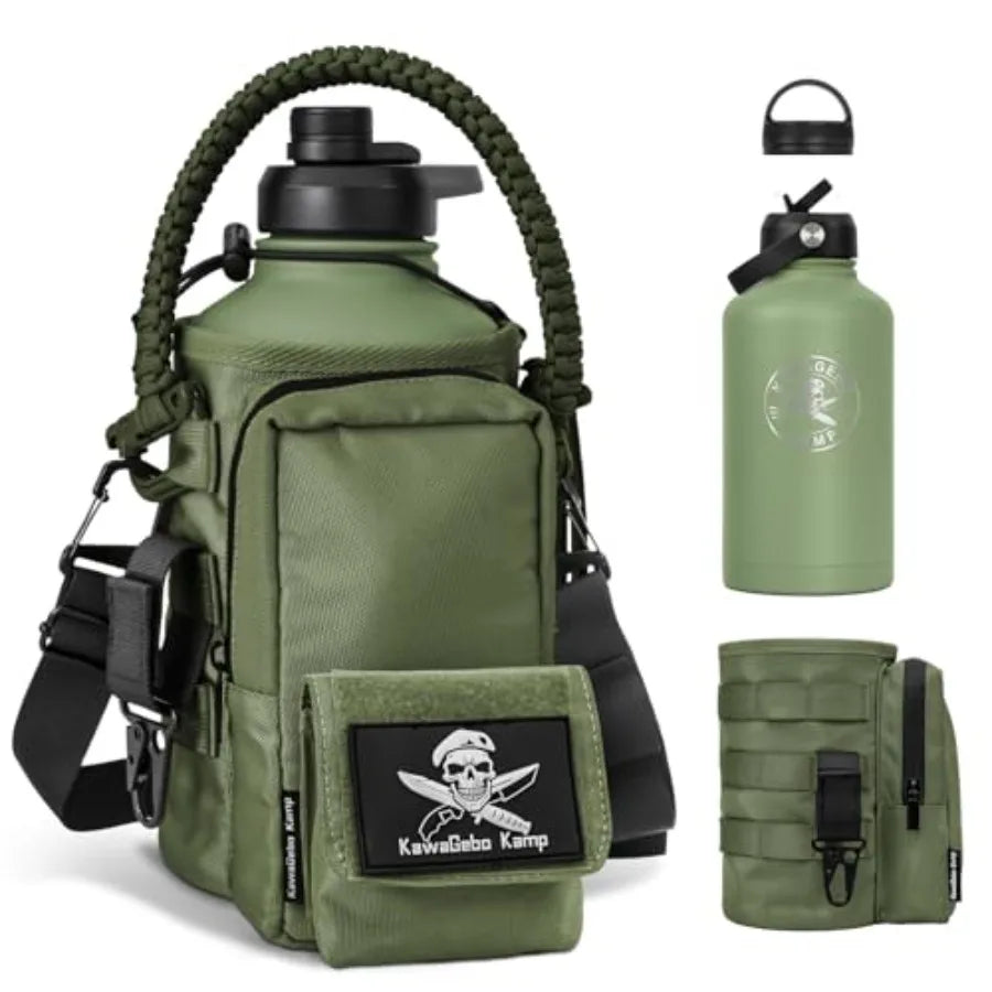 Half Gallon Water Bottle with Straw - 64 oz Stainless Steel Insulated Water Jug Sport Bottle with 3 BPA Free Lids Paracord Hand