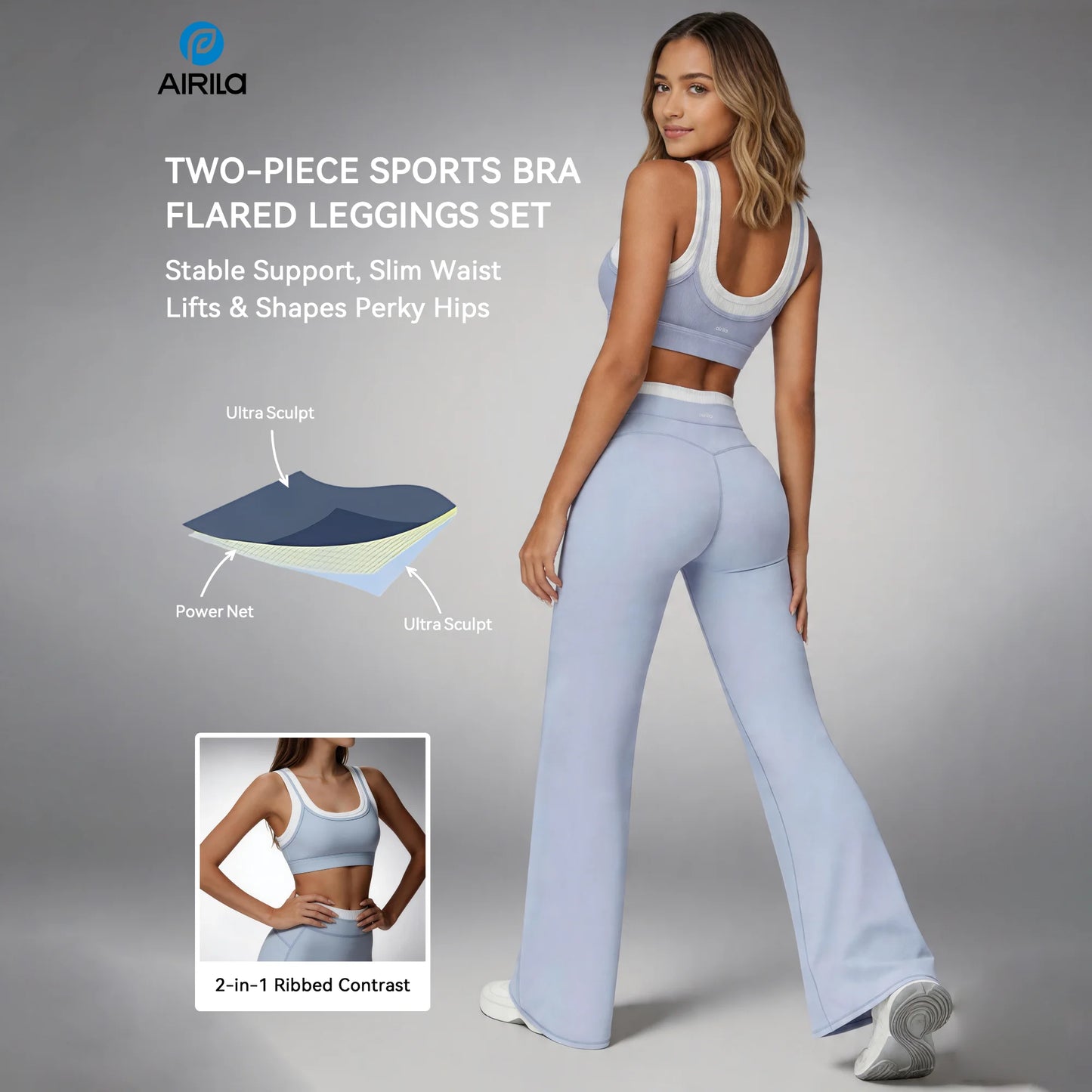 Airila Women's Yoga Set 2 Pcs Sportswear Color Blocked Tracksuit High Waist Flare Crop Top Athletic Gym & Daily Fitness