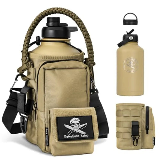 Half Gallon Water Bottle with Straw - 64 oz Stainless Steel Insulated Water Jug Sport Bottle with 3 BPA Free Lids Paracord Hand